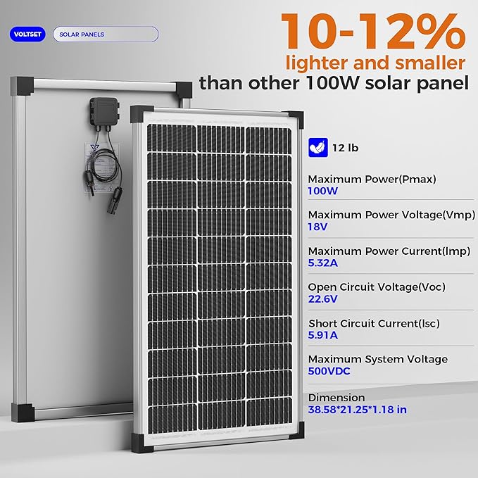 Voltset 200W 12V Solar Panels, High Efficiency 9BB Cell Monocrystalline Solar Panel IP67 Waterproof, Suitable for RV, Marine, Rooftop, Home, Yacht, Off-Grid Applications (2-Pack 100W)
