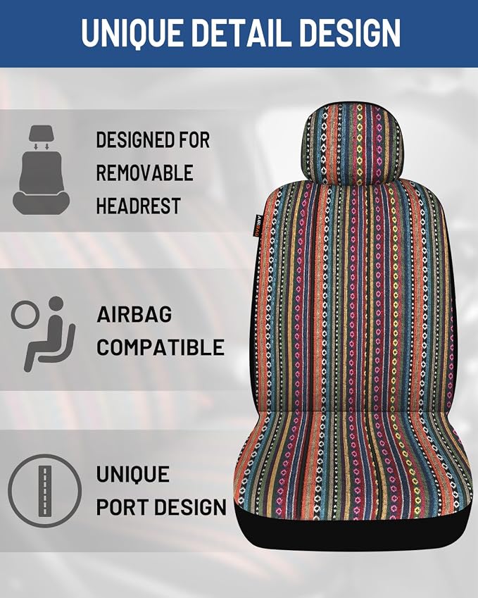 Baja Saddle Blanket Car Seat Covers Full Set with Seat Belt Pads and Steering Wheel Cover, Washable Breathable Striped Woven Cloth Seat Covers for Cars, SUV, Truck, Large Size(Orange)