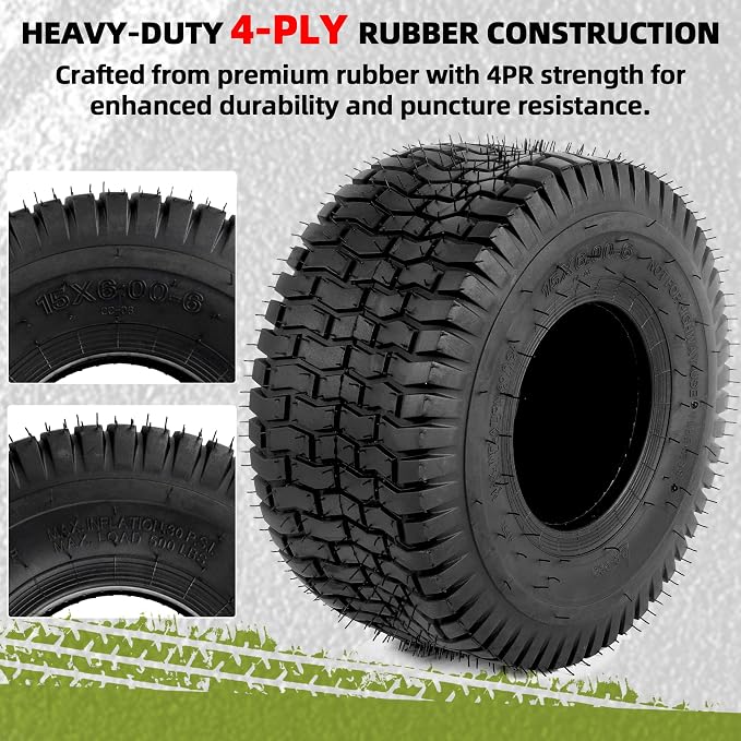 AR-PRO (2-Pack) 15x6.00-6 Tubeless Tire, 15x6-6 Lawn Mower Garden Tractor Tire, 4 Ply with Turf Treads