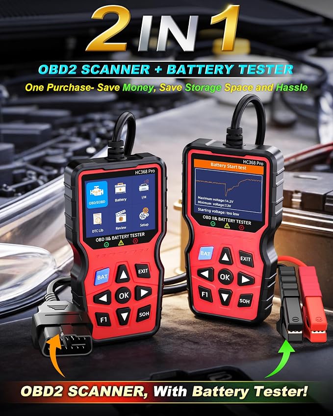 Easy to Use 2-in-1 OBD2 Scanner with Battery Tester: 1S Read & Clear Check Engine Codes + Test Battery in Mins - DIY Car Diagnostic Tool with Cold Cranking Amps for Pre-Trip Safety on 1996+ Vehicles