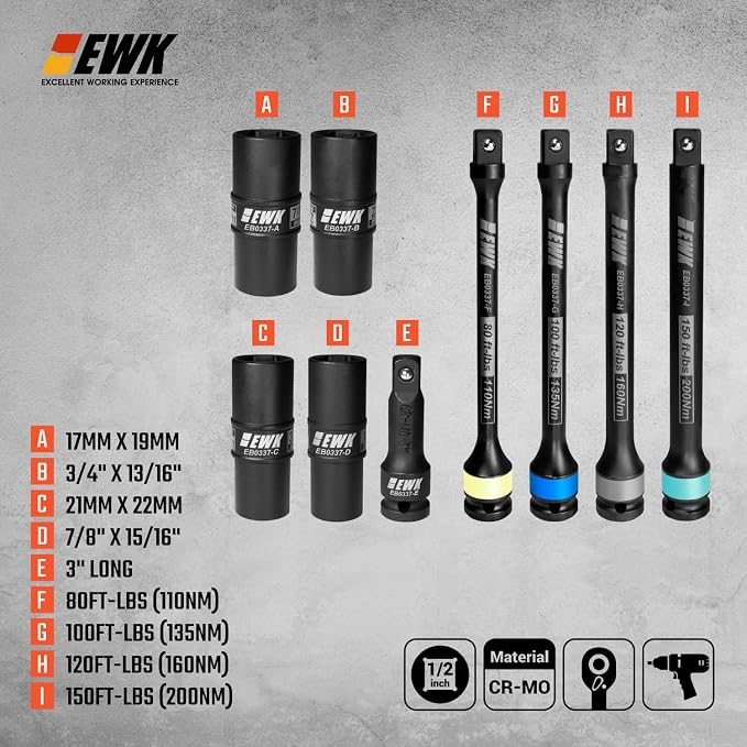 EWK 9-Piece 1/2 Inch Drive Thin Wall Flip Lug Nut Impact Socket and Torque Stick Set, 17x19mm 21x22mm 3/4x13/16 7/8x15/16, 80 100 120 150 Ft-lbs Torque Limiting Extensions for Wheel Service