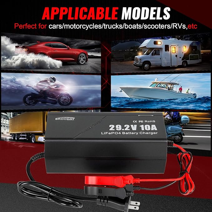 24V 10A LiFePO4 Battery Charger, 29.2V Lithium Battery Charger, Fast Charging, Over-Current and Over-Voltage Protection for 24V Lithium Iron Phosphate Batteries