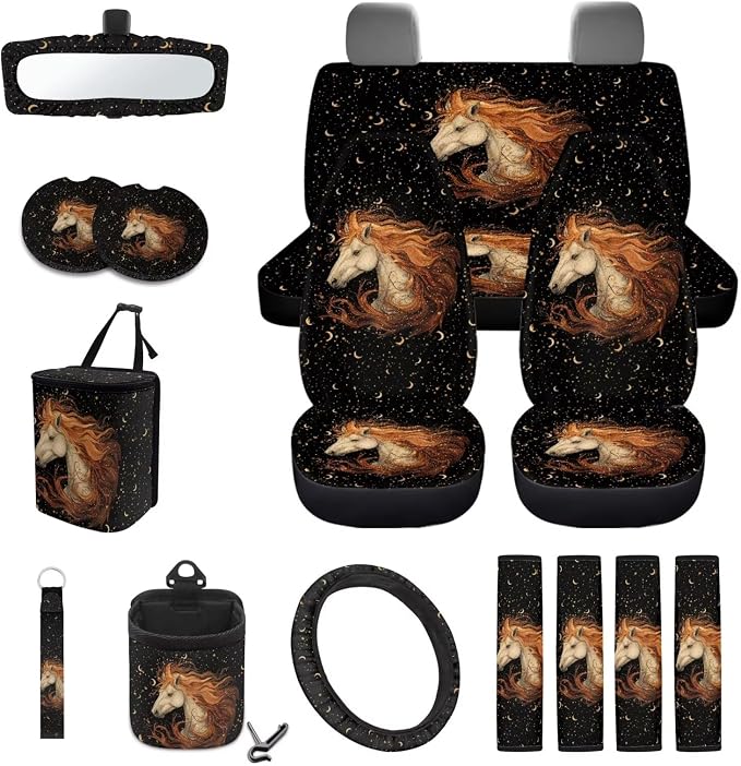 Horse Galaxy Pattern Car Seat Covers Full Set Steering Wheel Cover Seatbelt Cover Trash Can Air Vent Storage Bag Cup Coasters Keychain Auto Interior Sets of 15