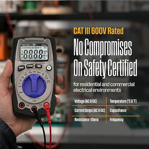 Westinghouse 600V True RMS Auto-Ranging Multimeter with Backlight and MAX/MIN; Measures Voltage Current Resistance Capacitance Frequency Temperature; 2-Year Warranty; Professional & DIY Use