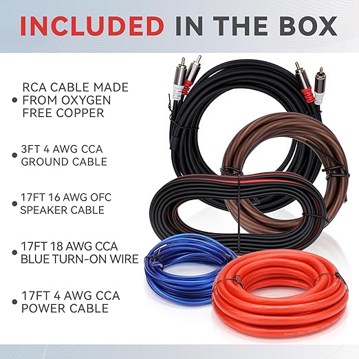 4 Gauge Complete Car Amplifier Installation Wiring Kit, Premium CCA Automotive Audio Systems Cable with OFC 2-Channel RCA Cable & Full Accessories, Brings Power to Radio, Subwoofer and Speaker, DIY