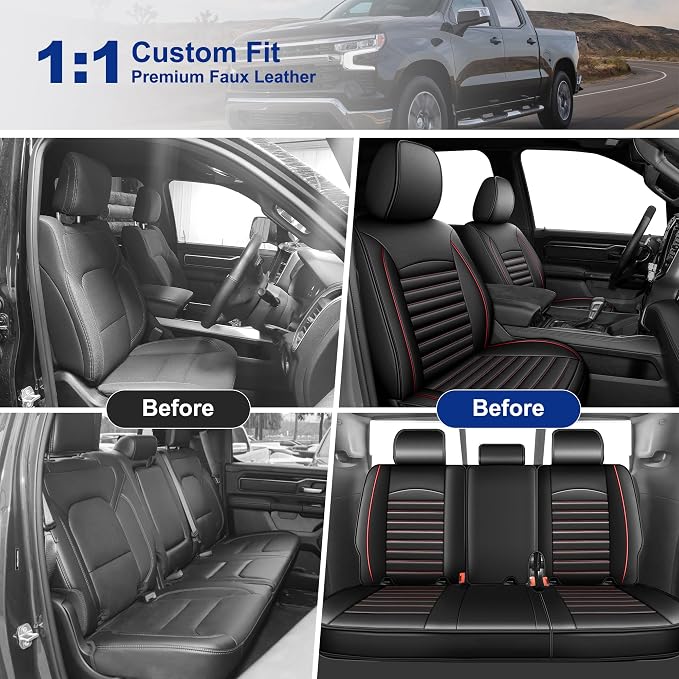 TTX LIGHTING for Dodge Ram 1500 2500 3500 2012-2025 2026 Crew Quad Cab Bighorn Longhorn Laramie Leather Pickup Truck Seat Covers（Curved Bench, 5 Seats, Redline）