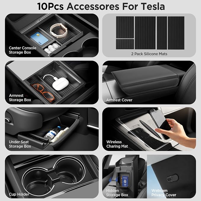 10PCS Center Console Organizer for Tesla New Model Y Juniper (Premium & Performance) Under Seat Storage Armrest Cover Hidden Storage Charger Pad for Tesla Model Y Accessories 2025 2026 Black