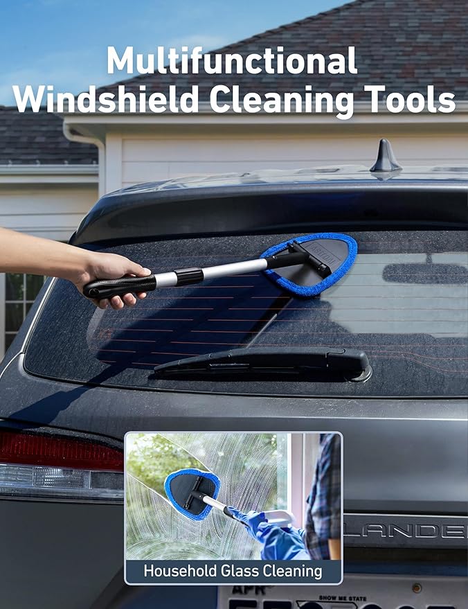 AstroAI 32" Windshield Cleaner Tool, Car Interior Window Detailing Cleaning Kit with Extendable Handle and 4 Easy-to-Install Reusable Microfiber Pads, Auto Glass Wiper Brush Kit for Car&Home, Blue