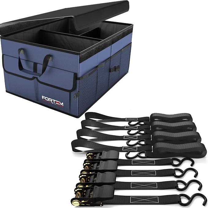 FORTEM Car Trunk Organizer (Blue, Standard) + Ratchet Straps