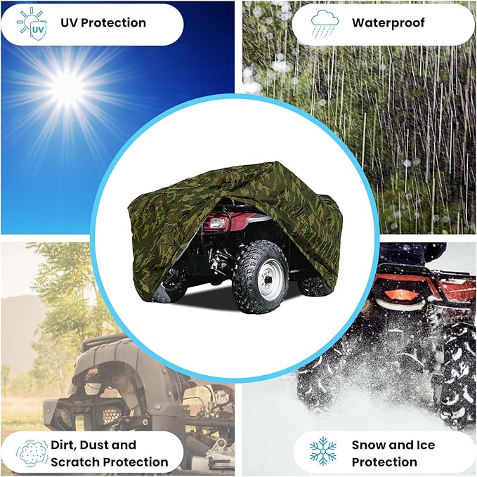 EliteShield Lightweight ATV Cover, Weatherproof Quad Cover, Water and Wind Resistant Four Wheeler Cover for Polaris Kawasaki Yamaha Suzuki Honda Arctic Cat Can-Am, Camo Color fits up to 80" Long
