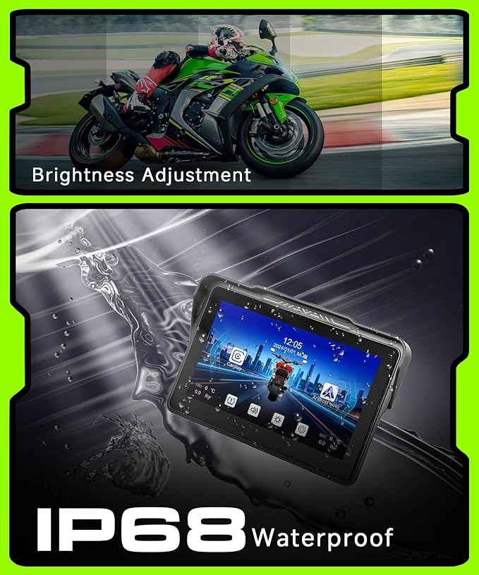 Motorcycle CarPlay Screen 7 Inch Wireless Carplay Android Auto for Motorbike with Removable Bracket, IP68 Waterproof Touchscreen, Supports GPS Navigation Bluetooth