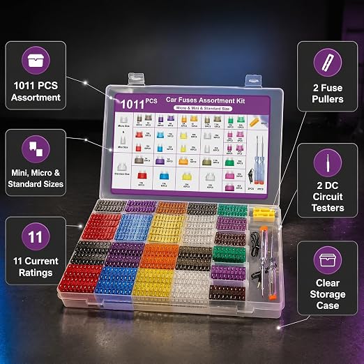 1011-Piece Universal Zinc Flake Car Fuse Set - 410 Standard, 410 Mini & 185 Micro Fuses (2A-40A), with 2 Removal Tools, 2 Testers & 2 Clips - Compatible with Cars, Trucks, RVs, Boats etc.