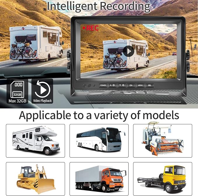 Dual RV Backup Camera System 1080P, Hodozzy 9 Inch AHD Reversing Camera Monitor Wired IP69 Waterproof Full Color Night Vision Loop Recording Car Reversing Rear View Camera for Truck/Trailer/RV 12-35V