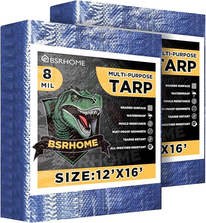 Tarps Waterproof 12x16 Feet, 2 Pack Heavy Duty Blue Tarp Cover 8 Mil Thick, Resistant Plastic Tarpaulin with Metal Grommets, Outdoor Tent Cover for Emergency Rain