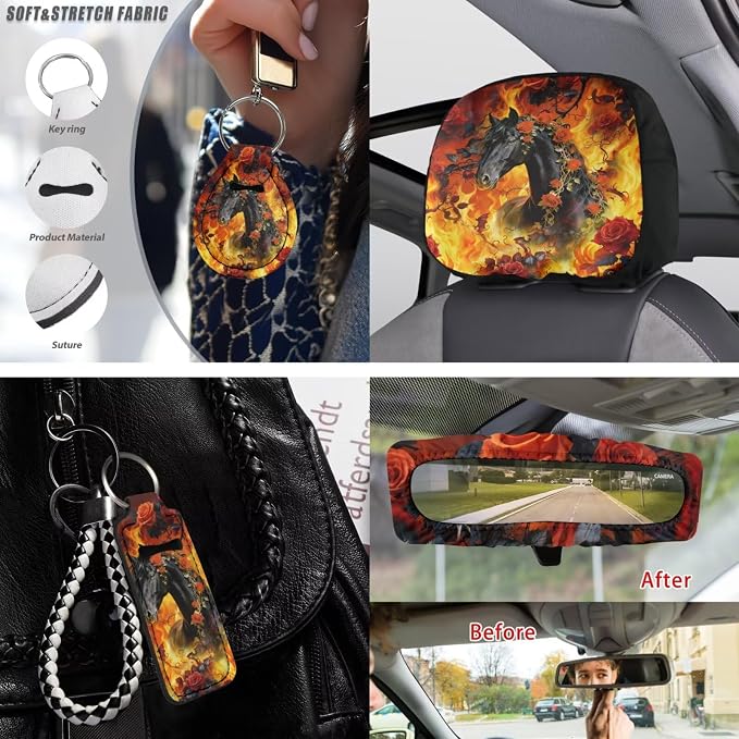 15 Pack Full Set Car Seat Covers Rose Horse Fire Print Car Front and Rear Seat Covers Steering Wheel Cover Seatbelt Pads Armrest Cushion Headrest Protectors, Easy to Install