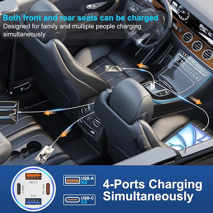 USB C Fast Car Charger, 65W 4-Port Dual USB-C & USB-A Multiport Car Phone Charger Adapter,Fast Charging Cigarette Lighter Adapter Truck Car Accessories for iPhone 17/16/15 Pro Max,Samsung,iPad,Pixel
