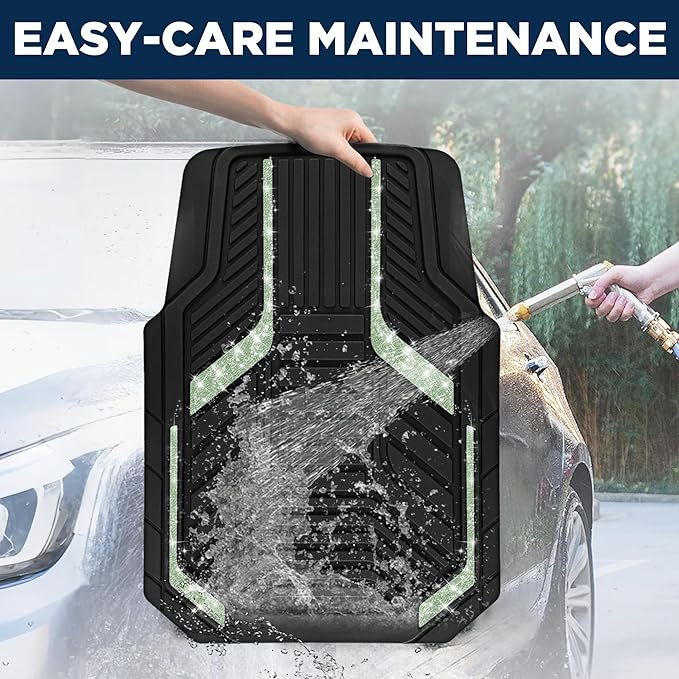 PIC AUTO Car Floor Mats, Green Sparkly Crystal Bling Glitter Car Mats Set, Front and Rear Heavy Duty Rubber Car Mats with Anti-Slip Backing, All Weather, Trim-to-Fit for Automotive SUVs, Sedan, Vans