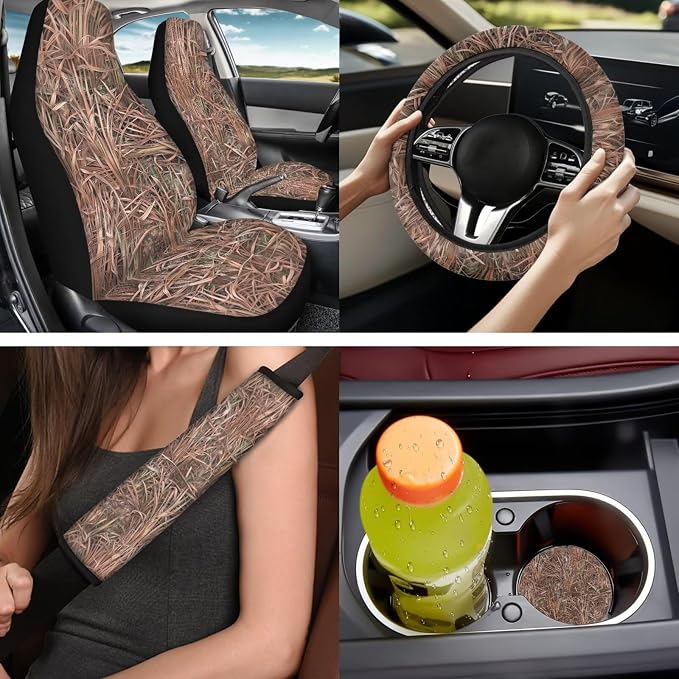 Bulopur 14 Pieces Duck Hunting Camo Auto Seat Covers Full Set with Vehicle Armrest Cushion Non-Slip Car Seat Belt Shoulder Strap Covers Headrest Covers Coasters Automotive Interior Decor Set