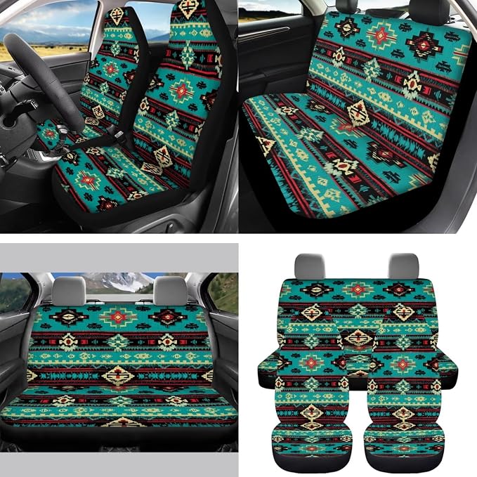 Green Aztec Tribal Car Seat Covers Set of 15 with Universal Steering Wheel Cover, Rearview Mirror Cover, Car Trash Can, Seatbelt Pads, Cup Holder Coasters, Keychains