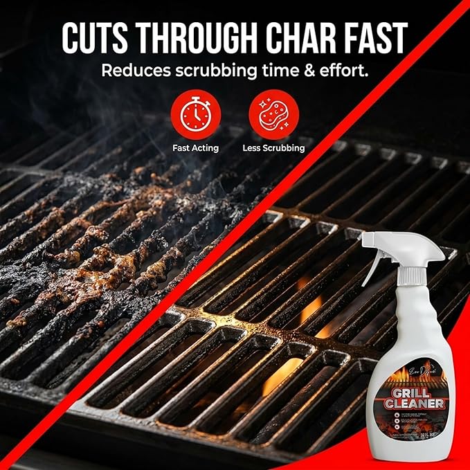 Evo Dyne Grill Cleaner Spray (32 oz), Made in USA - Quickly Cleans BBQ Burnt-on Foods and Grease from Grill Grates - Heavy Duty, Fast-Acting Formula, Less Scrubbing - Food Safe Grill & Oven Degreaser