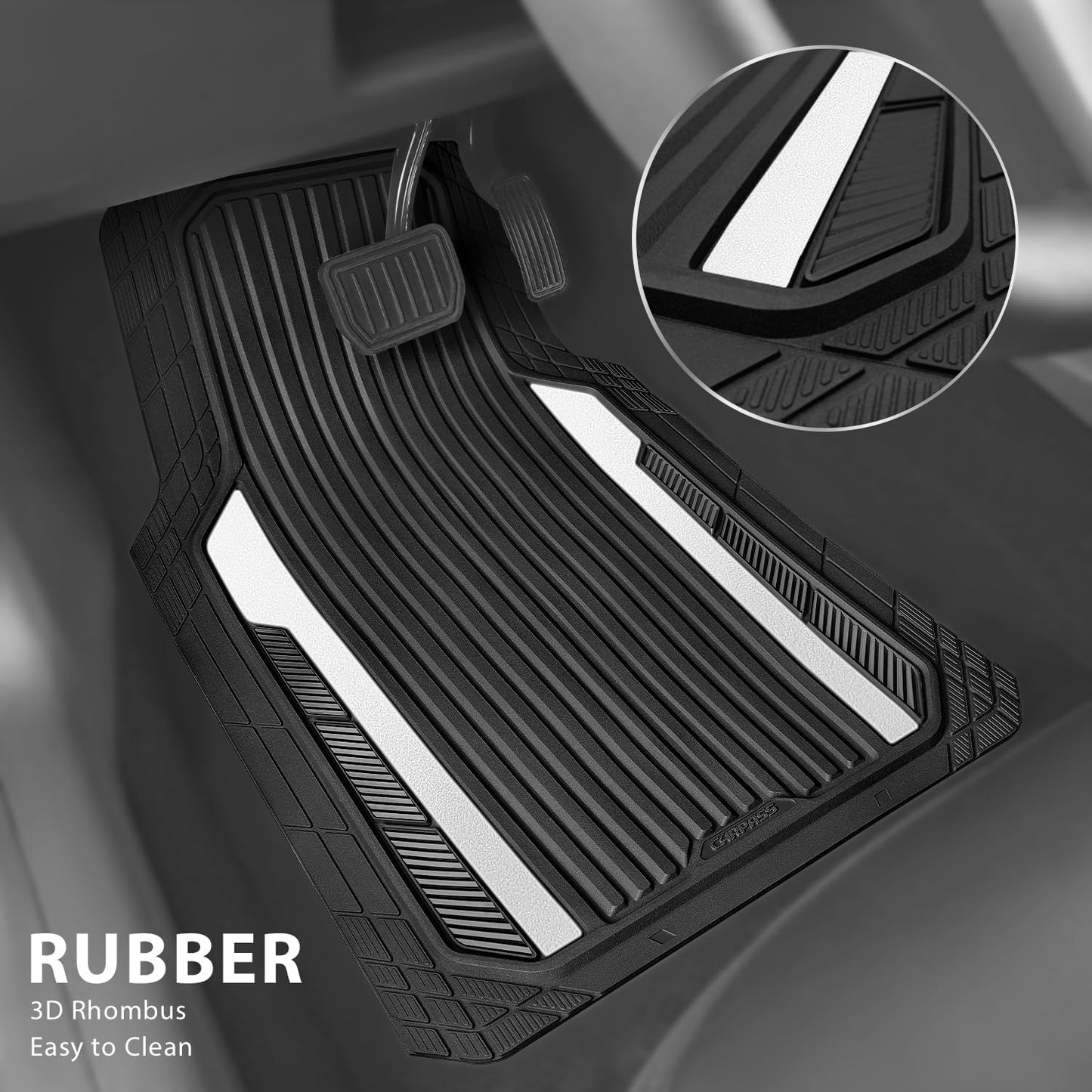 CAR PASS Heavy Duty Rubber Car Mats Metallic,Aluminum Film All Weather Floor Mats Waterproof Universal Trim to Fit SUVs Sedans Vans 4 Piece Anodized Deep Dish Two-Tone Sporty Black White Chrome