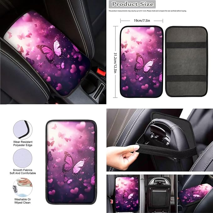 8 Pcs Pink Butterfly Car Interior Accessories Set for Women, Car Seat Cover Full Set with Steering Wheel Cover Center Console Seat Belt Pads, Automotive Decorations
