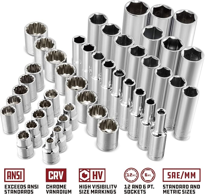 Powerbuilt 47 Piece Mechanics Tool Set, 3/8-inch Drive, SAE and Metric Socket Set, Standard, 72 Tooth Seal-Head Ratchet, Automotive Tools, Storage Case - 642451