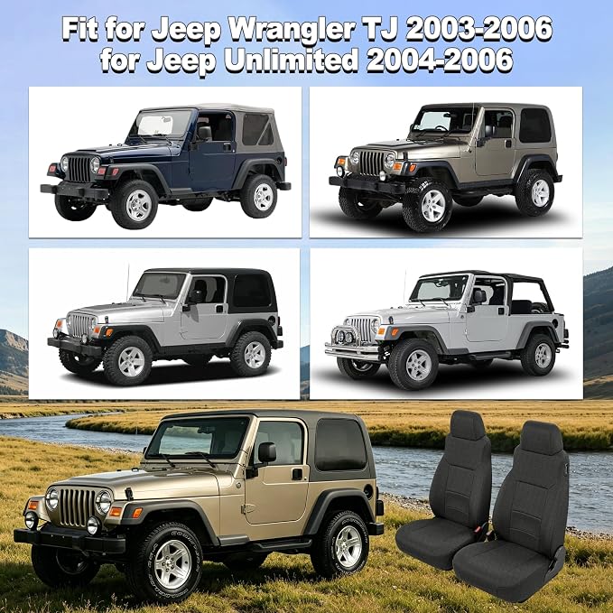 Custom Seat Covers for Jeep Wrangler TJ 2003-2006 & for Jeep Wrangler Unlimited 2004-2006 Heavy Duty Cloth Protector Interior Accessories，Waterproof & Machine Washable - Black（Front）