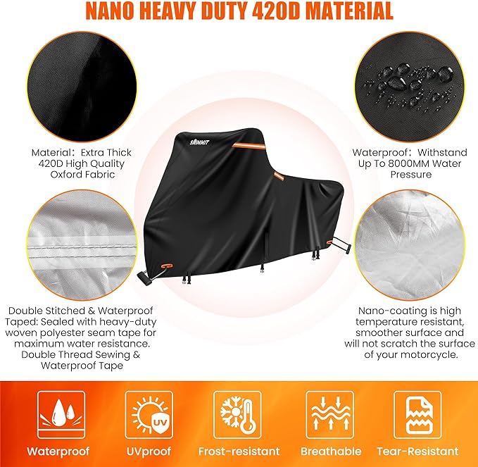 Motorcycle Cover Heavy Duty, 420D Motorcycle Cover Waterproof Outdoor with Nano Coating, 5 Reflective Strips and Air Vents, Dirtbike Cover (Black 3XL)