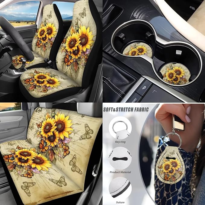 Butterfly Car Accessories Set Full Sets of 17 Pack Sunflower Car Seat Covers Full Sets with Front and Split Rear Bench Heavy Duty Floor Mats Seat Belt Shoulder Pad Steering Wheel Covers