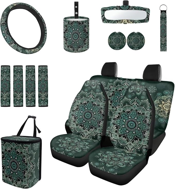 Green Mandala Floral Car Accessories Car Seats Cover Protector, Steering Wheel Covers, Seatbelt Cover, Car Trash Can, Cup Coasters, Rearview Mirror Cover, Keychains, Pack of 15