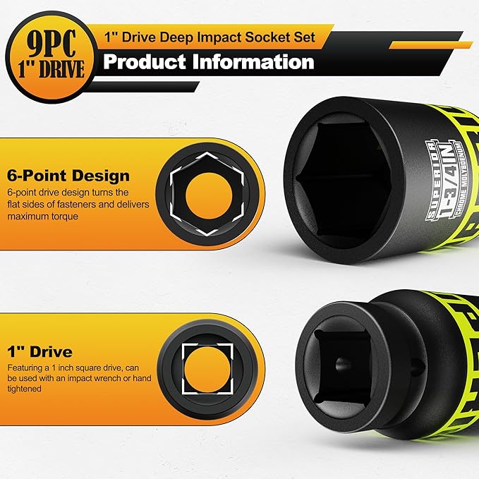 9 Piece 1" Drive Deep Impact Socket Set, 1" - 2" Jumbo Socket, SAE, 6-Point, Heavy Duty CR-MO, Truck Tire Service, Mechanical Equipment Maintance