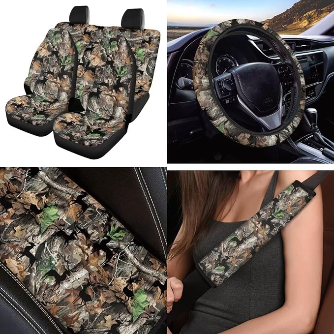 Camo Hunting Car Seat Covers Full Set 12 Pack Steering Wheel Cover Center Console Cover Cars Coasters Car Seat Belt Cover Universal Fit Automotive Most Cars