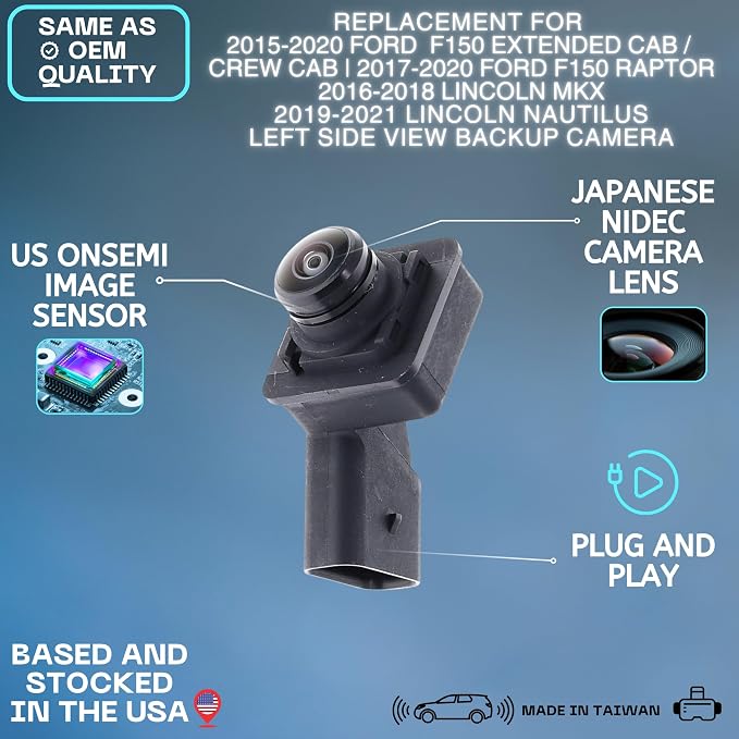 Left Side View Backup Camera Replaces for 2015-2020 Ford F150 Extended Cab/Crew Cab | 2017-2020 Ford F150 Raptor | 2016-2018 Lincoln MKX | 2019-2021 Lincoln Nautilus OE Part # FL3Z19G490AA-L
