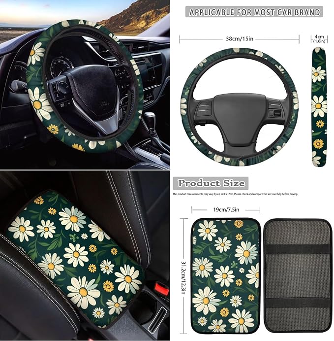 18Pcs Daisy Car Seat Covers Full Set with Steering Wheel Cover Auto Cup Holder for Car Coaster Headrest Cushion,Seatbelt Strap Pad,Center Console Cushion Handbrake Cover Keychain,Green