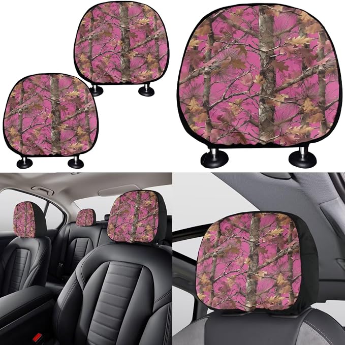 KEIAHUAN Pink Camo Hunting Car Seat Cover Full Set 11 Pieces Front & Back Seat Covers with Handbrake and Gear Shift Knob Cover, Headrest Cover, Coasters, Non-Slip Car Steering Wheel Cover, Coasters