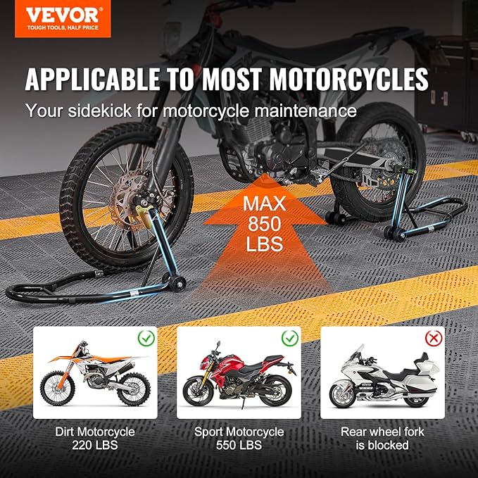 vevor Motorcycle Stand Lift 850lbs Front Rear Combo Stand Lift Stand Front Wheel Fork Stand Rear U+L Fork Swingarm Spool Stand Compatible with Most Yamaha Honda Kawasaki Suzuki Motorcycles Black
