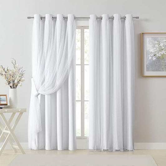 Bujasso White Full Blackout Curtain Panels with Sheer Overlay Mix and Match Double Layer Thermal Insulated Window Treatment Set for Living Room White Drapes with Tiebacks Grommet Top 54" Wx84 Lx2