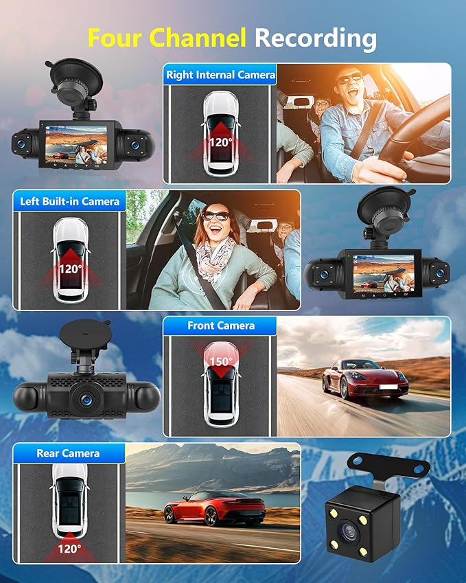 3" 4 Channel Mirror Dash Cam Front and Rear Inside Left Right 1080P Dash Camera with G-Sensor Motion Detection 8 IR Lamps Night Vision Loop Recording Parking Assistance Exposure Compensation