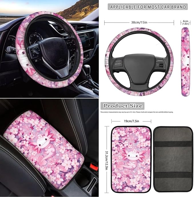 18 Pcs Cute Axolotl Car Seat Cover with Pillow Protector Full Set Universal Armrest Pads Steering Wheel Protector Seat Belt Pads Car Cup Coaster Handbrake Cover and Keychain,Pink