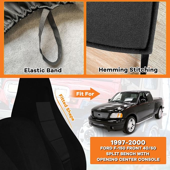 Truck Seat Cover Compatible with 1997-2000 Ford F-150 Seat Covers Front 40/60 Split Bench with Opening Center Console, Not with Airbags Next to The Headrest, Black