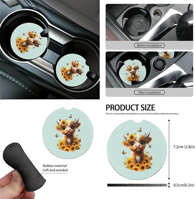 Cow Sunflower Butterfly Print Car Seat Cover Set Steering Wheel Cover Seatbelt Strap Pad Cup Coasters Air Vent Storage Holder Garbage Cans Rearview Mirror Covers Key Chain, 15 Pack
