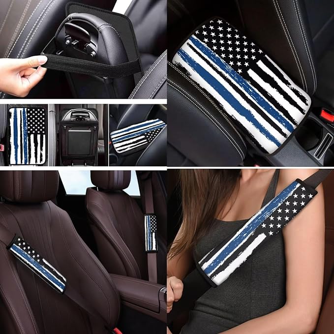 Mumeson Flag Patten Car Accessories Car Front and Rear Seat Covers Protector with Steering Wheel Cover + Seat Belt Covers Shoulder Pads + Car Armrest Cushion Pad Car Accessories