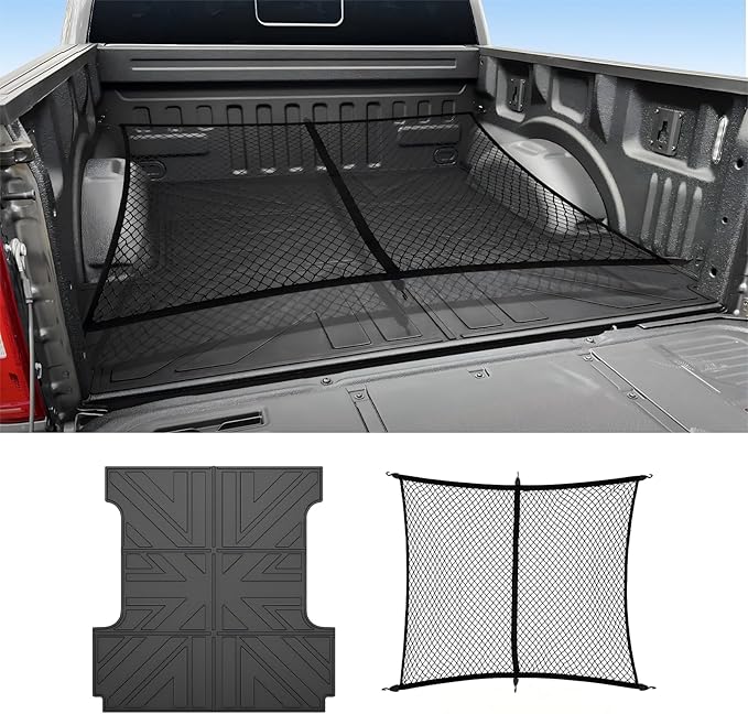 Truck Bed Mat and Net Compatible with 2015-2025 Ford F150 5.5FT Truck Bed Replacement, Truck Net TPE Cargo Bed Liner All Weather Cargo Mat for Ford F150 Accessories