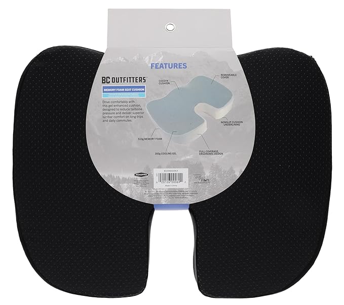 BC Outfitters BCO3565SCBLK Ergonomic Seat Cushion with Memory Foam and Cooling Gel-Coccyx Support Nonslip Base Washable Cover 46 x 37 x 7 cm-Black