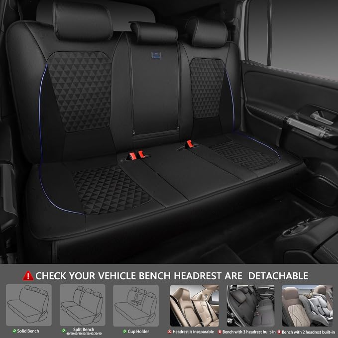CAR PASS Leather Car Seat Covers Gel Wetsuit PU Full Set Seat Covers Waterproof EVA All Weather Neoprene Universal Fit Pickup SUV Truck Sedan Automotive, Armrest Airbag Compatible, Rhombic Blue Strip