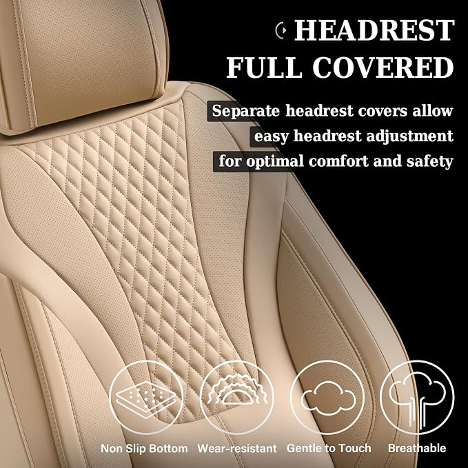Coverado Waterproof Nappa Leather Car Seat Covers, Automotive Fullset Seat Covers, 5 Seat Car Seat Cushion & Car Seat Protector, Beige Front and Rear Covers Universal Fit for Most Cars, SUVs, Trucks