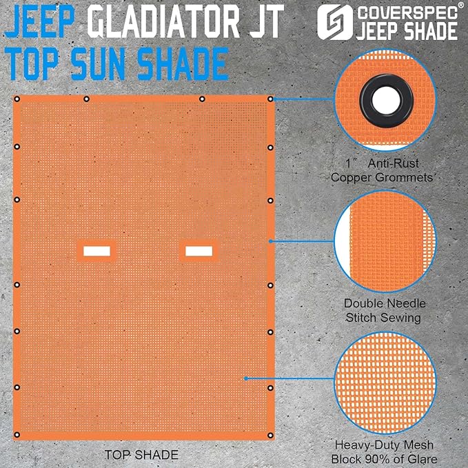 JT Top Sun Shade Roof Compatible with Jeep Gladiator 4 Door 2018 to 2023 Sunshade Sunroof Bikini Cover Blocks UV Wind Noise Orange Mesh for Full Length