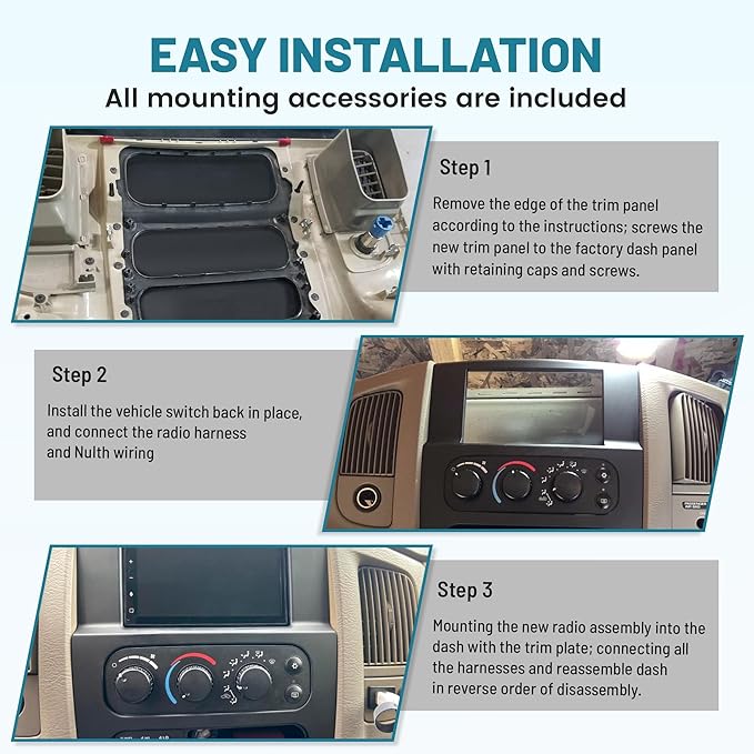 NuIth Double Din Radio Stereo Dash Kit with Radio Harness & Antenna Adapter for 2002-2005 Dodge Ram 1500 2500 3500, Double DIN Installation Multi Kit, DDIN Installation Kit for Ram