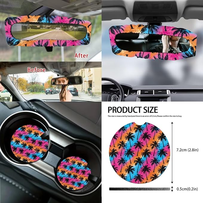 Coconut Tree Print 14Pcs Full Set Car Seat Covers with Accessories, High Back Car Front and Rear Seat Covers with Steering Wheel Cover Center Console Pad and Safety Belt Pads, etc